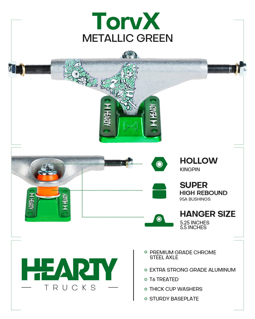 Hearty Skateboard Trucks- TorvX SERIES- Raw/Metallic Green