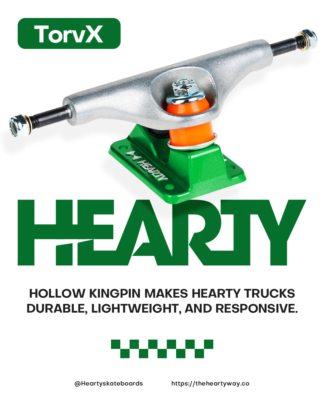 Hearty Skateboard Trucks- TorvX SERIES- Raw/Metallic Green